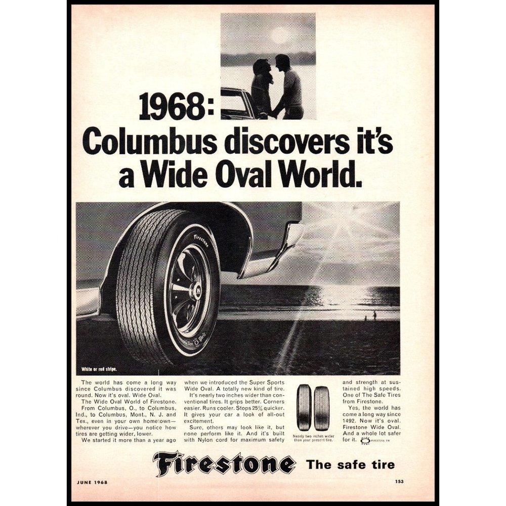 1968 Firestone Tires Wide Oval Tire Vintage Print Ad Father Son Beach Wall Art